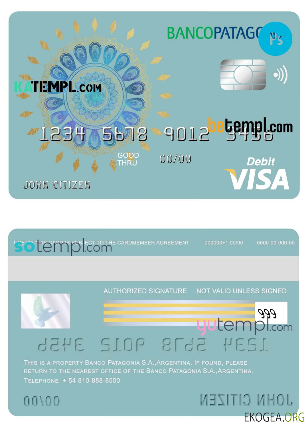 Modèle de carte de débit de carte visa bancaire Argentine Banco Patagonia au format PSD, entièrement modifiable